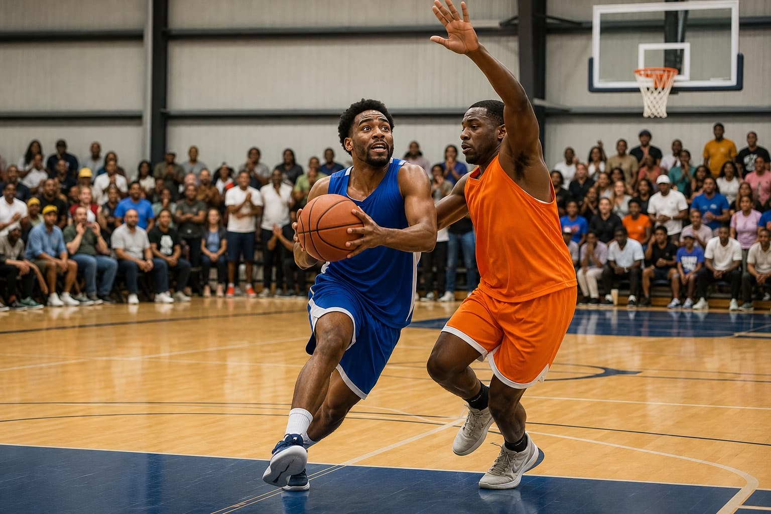 A basketball player in blue driving toward the basket while a defender in orange contests the play
