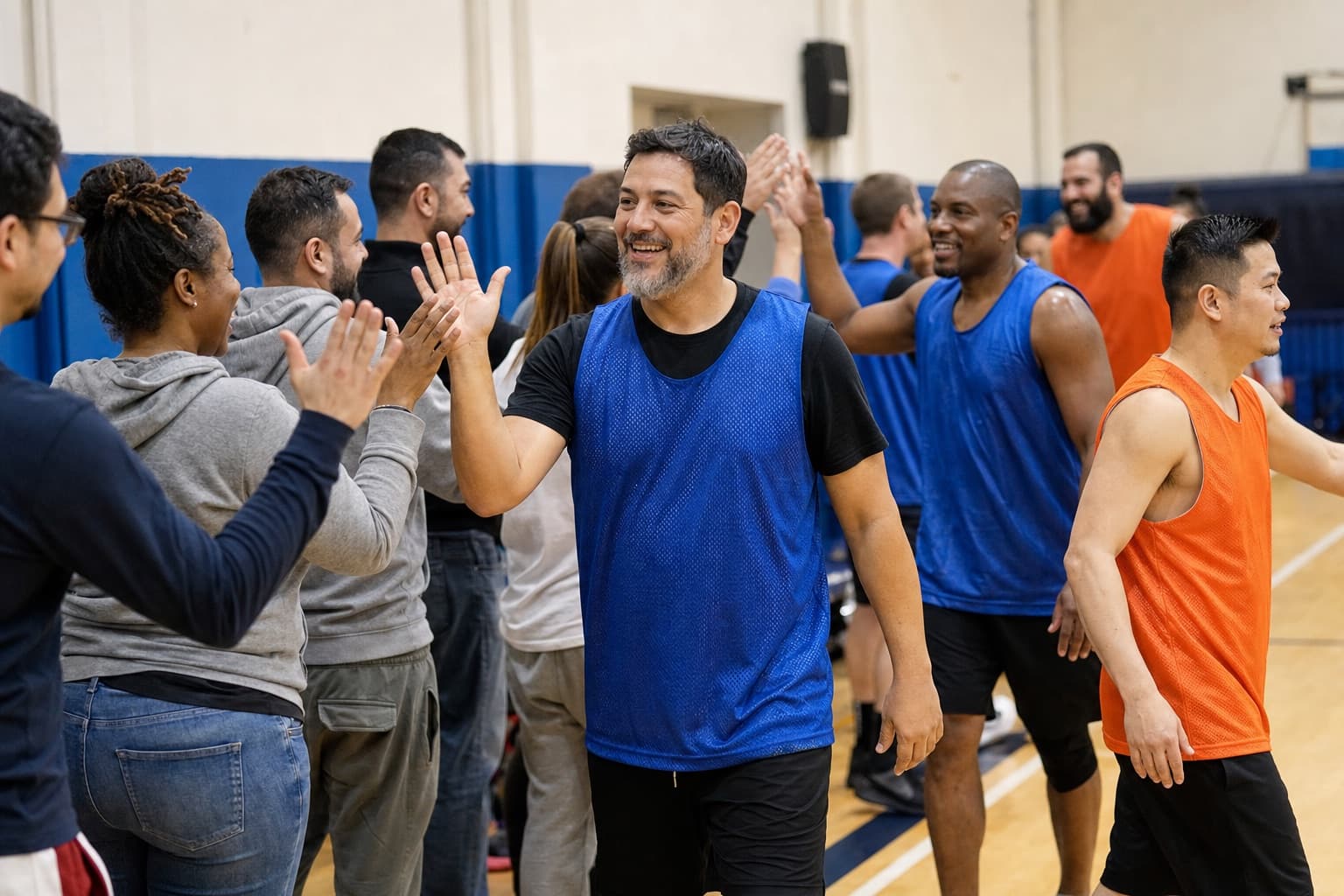 Community basketball players and supporters exchanging high fives after a game