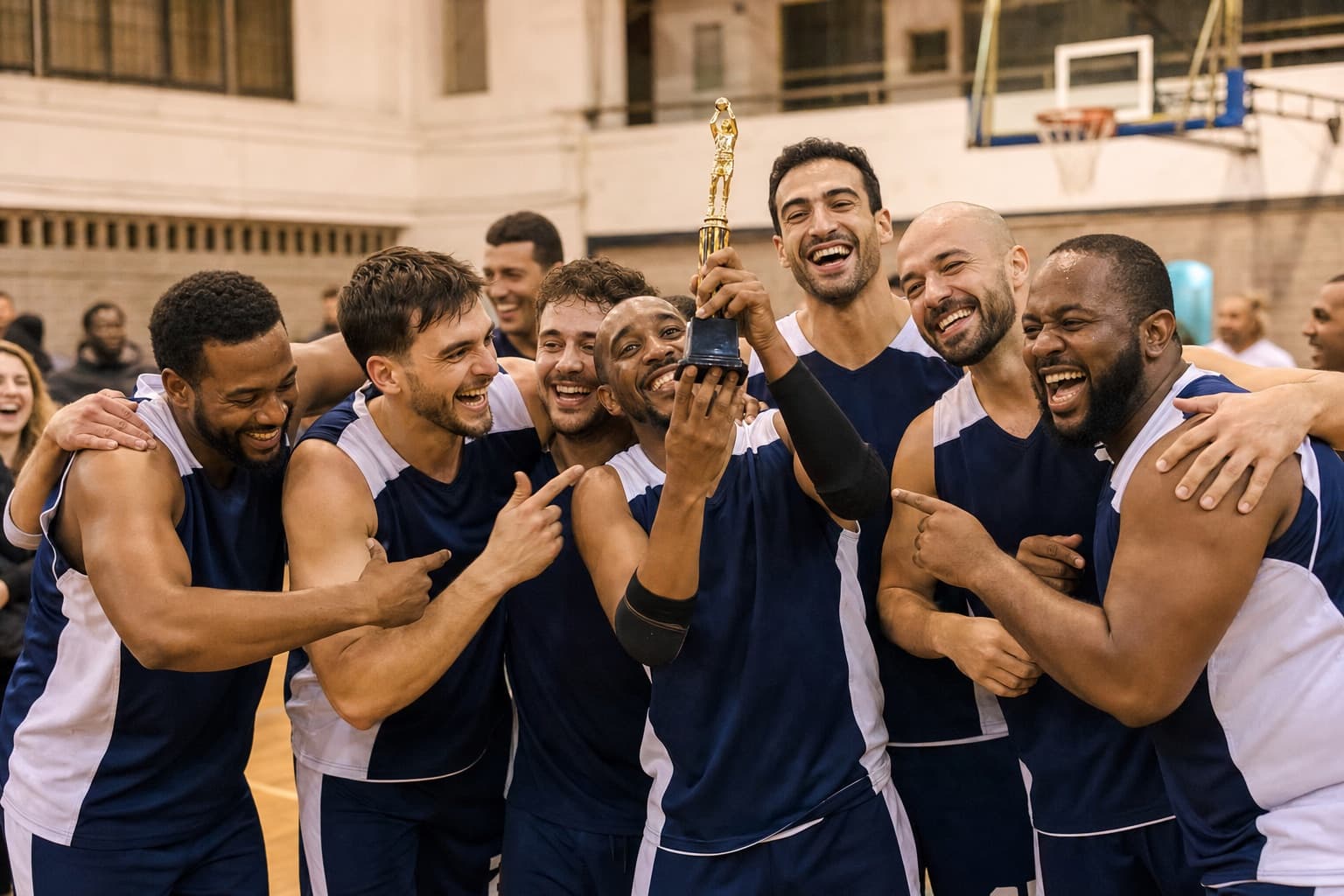 A community basketball team celebrating together with a trophy